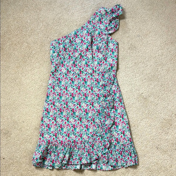J Crew One Shoulder Dress Floral Print Ruffle Detail Skirt Cotton Size 6 - Picture 2 of 16